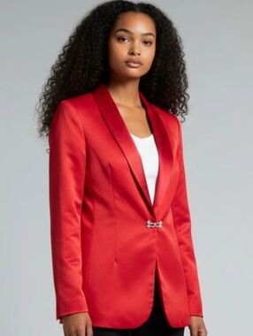 Red Satin-Trim Blazer Jacket with Decorative Rhinstone Closure